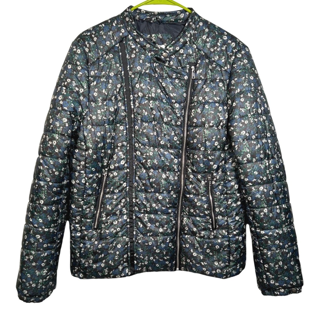 Skylar + Jade Floral Puffer Moto Jacket Zip Pockets Streetwear Blue Green Sz XL